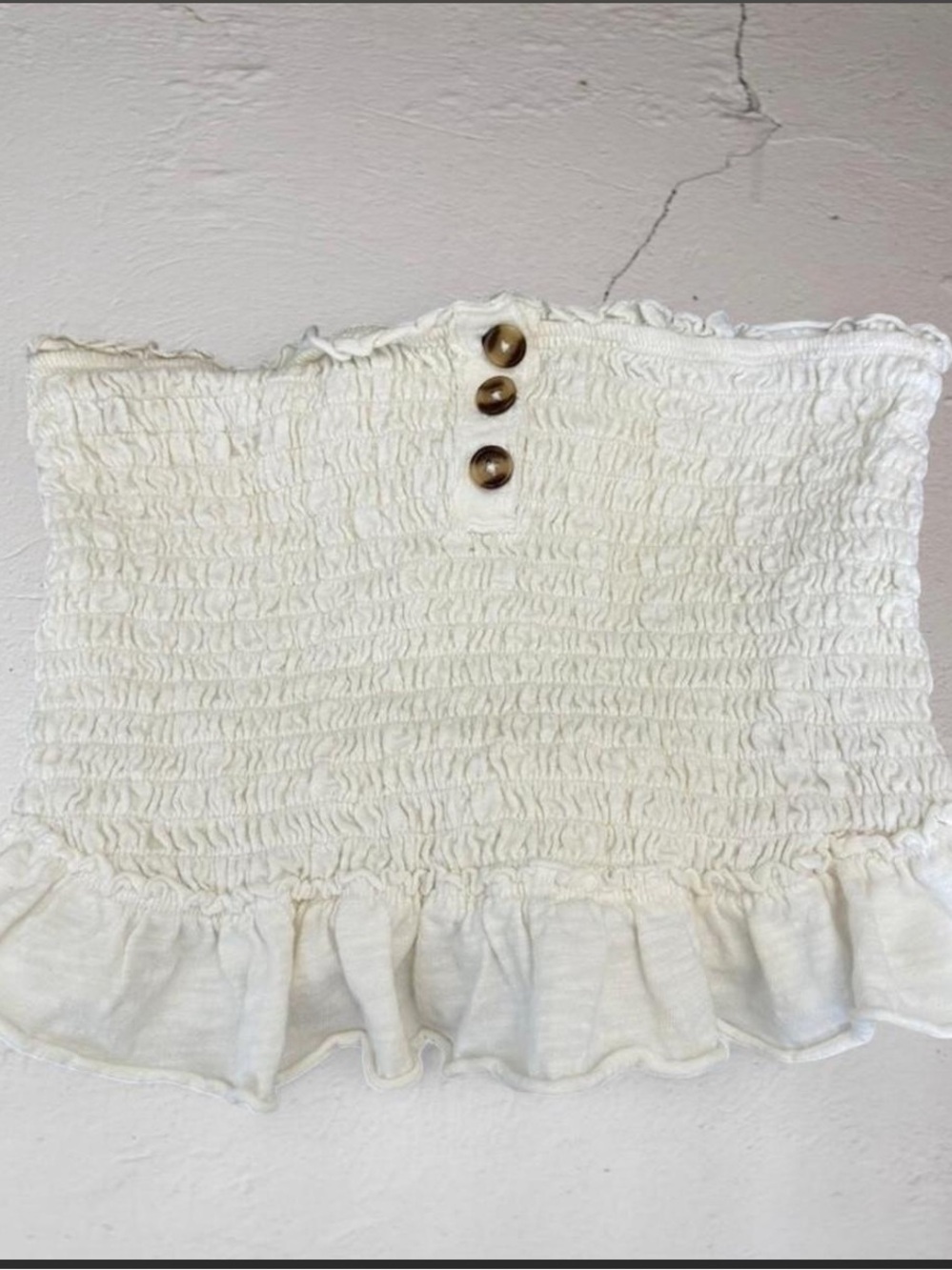 We The Free Ivory Smocked Ruffle Tube Top with Brown Buttons Size Medium